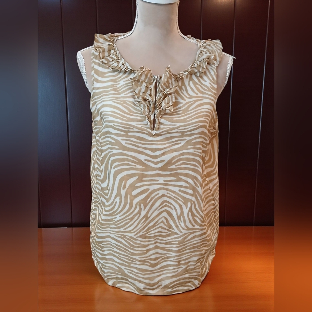 Talbots Cotton Zebra Print Ruffle Sleeveless Tank Blouse Womans 14 Petite Fairy